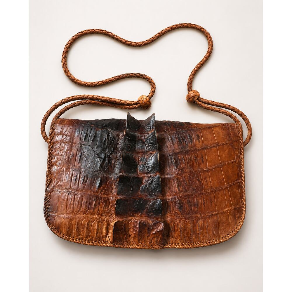 Vintage Hornback Crocodile Crossbody Bag Braided Strap 1950s 1960s